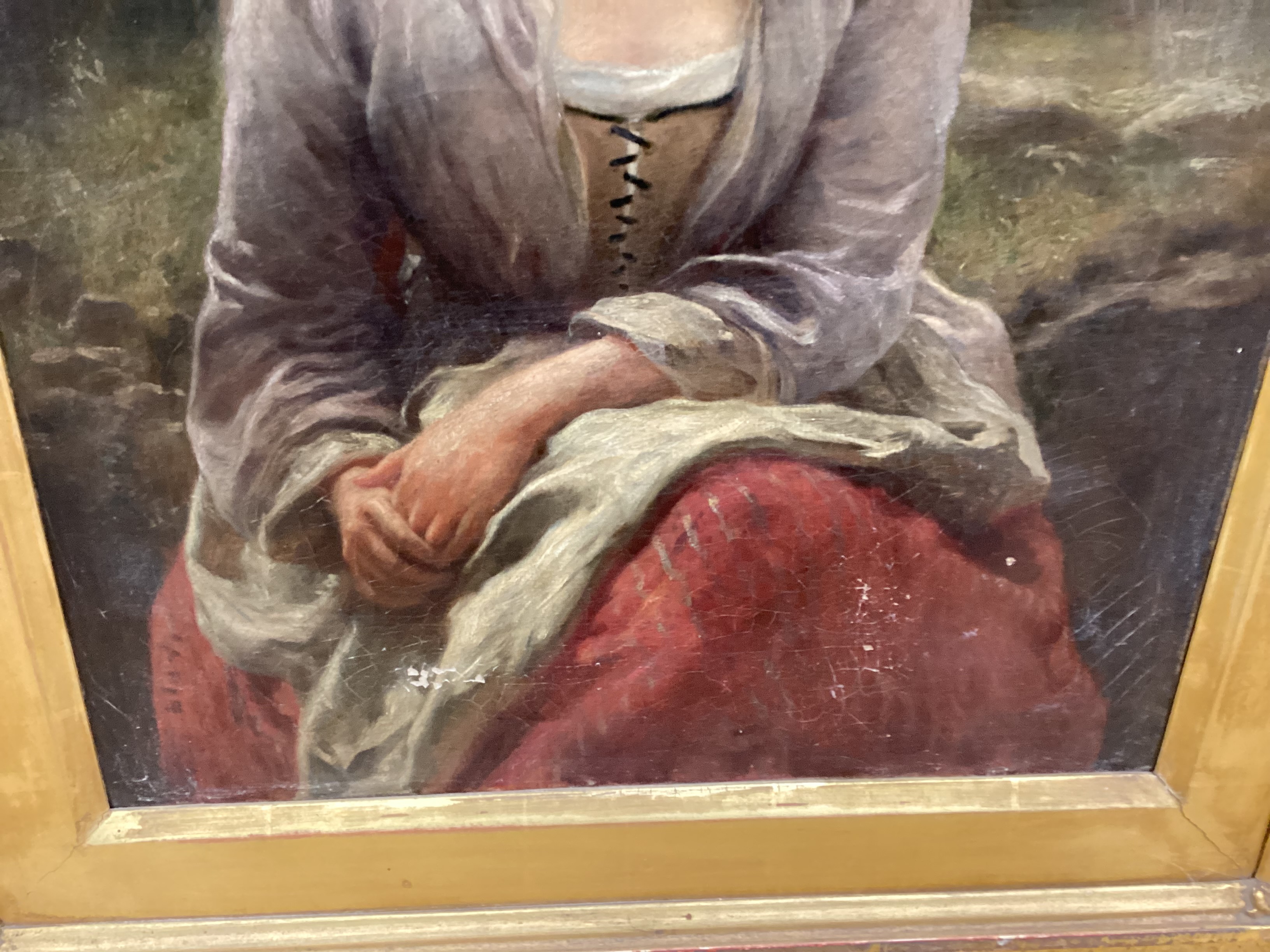 19th century School, oil on canvas, Three quarter length portrait of a seated lady, 42 x 32cm in ornate gilt frame